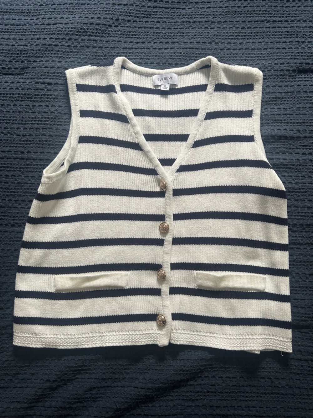 Evereve white & Navy Striped V-Neck Button Knit Vest